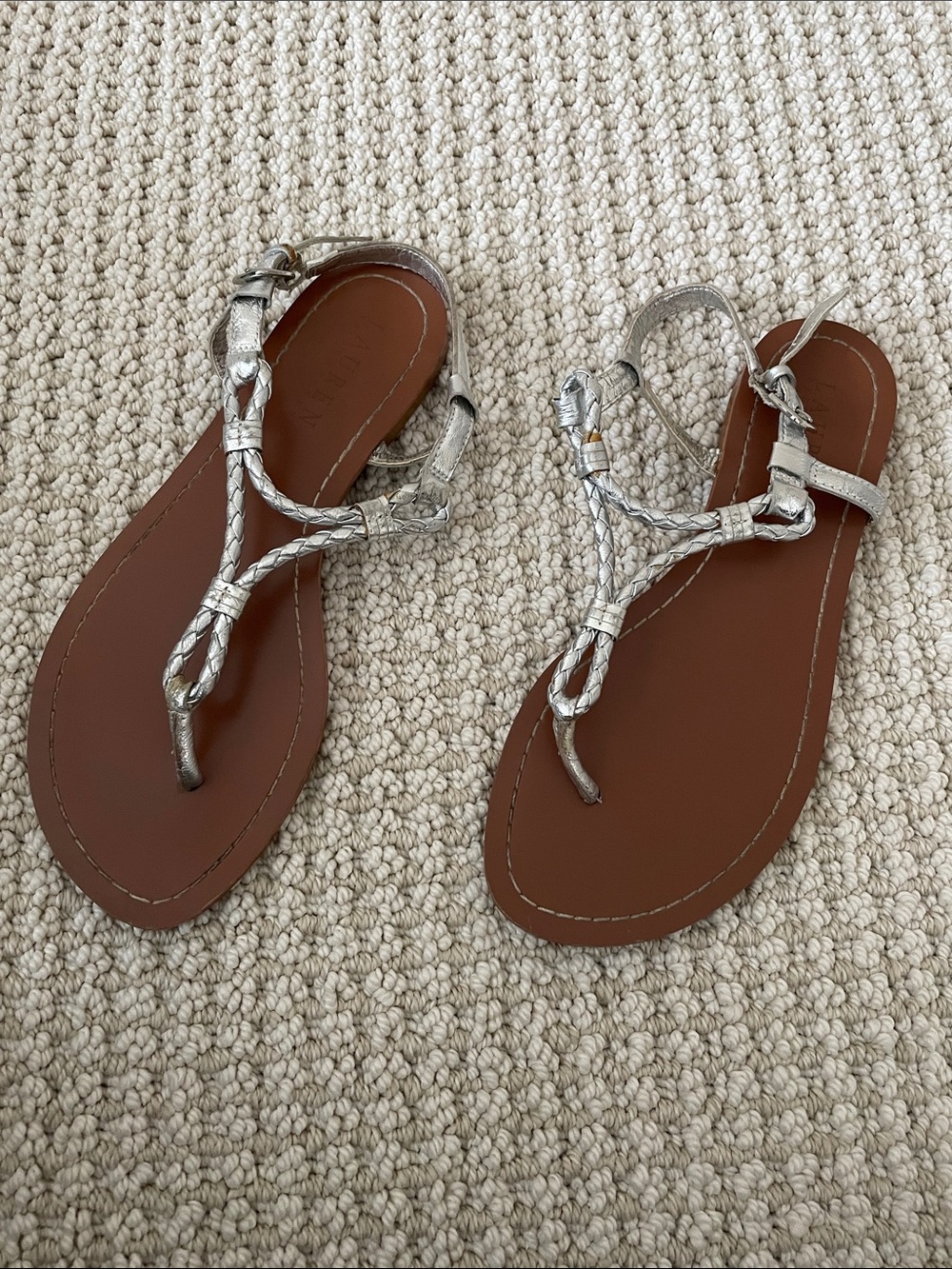 Lauren Ralph Lauren Metallic Silver Braided T-Strap Sandals Size 6.5